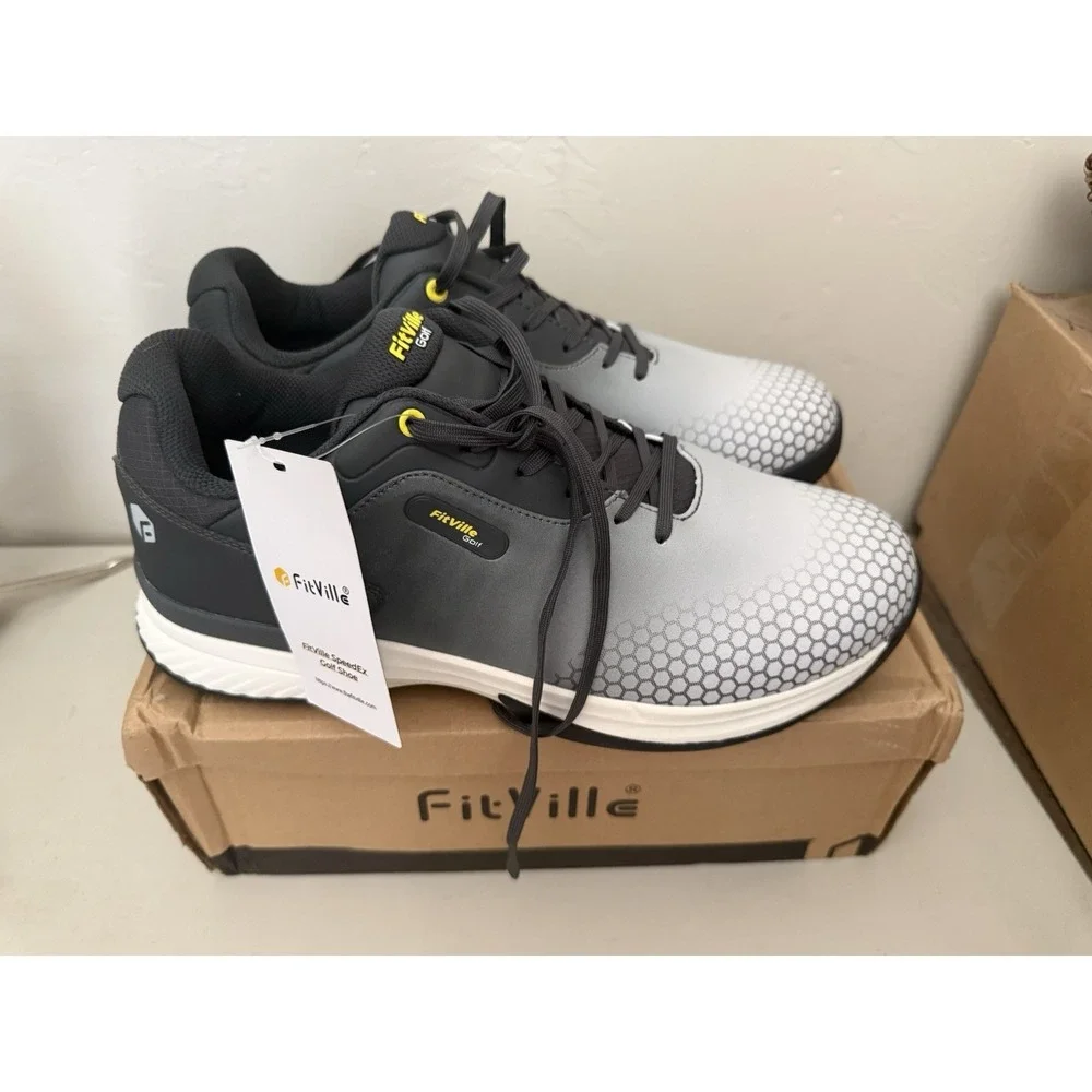 FitVille Men's Golf Shoes Professional Outdoor Waterproof Spiked Shoe Grey/White